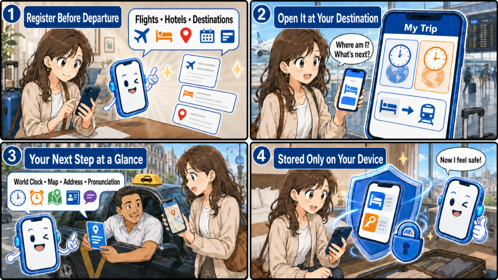 My Trip in 4 panels: 1) Register before departure (flights, hotels, destinations) 2) Open it at your destination 3) Your next step at a glance (world clock, map, address, pronunciation) 4) Stored only on your device