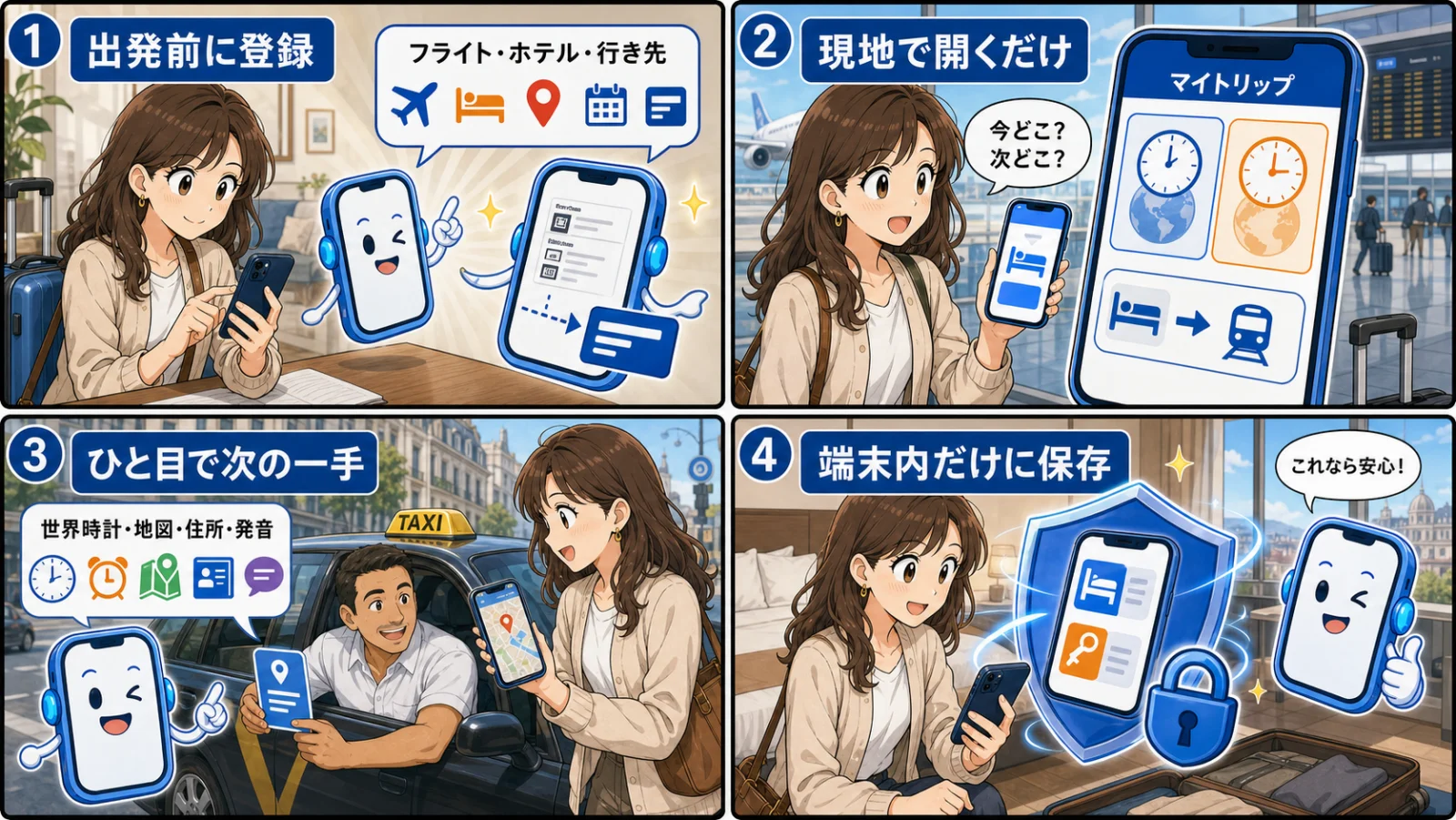 マイトリップ4コマ：①出発前に登録（フライト・ホテル・行き先） ②現地で開くだけ（世界時計・次の一手） ③ひと目で次の一手（世界時計・地図・住所・発音） ④端末内だけに保存