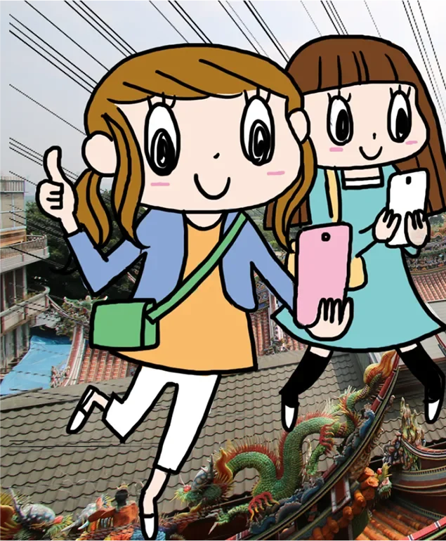 台湾の廟の屋根の上を歩く旅行者のイラスト(台湾さんぽeSIM)