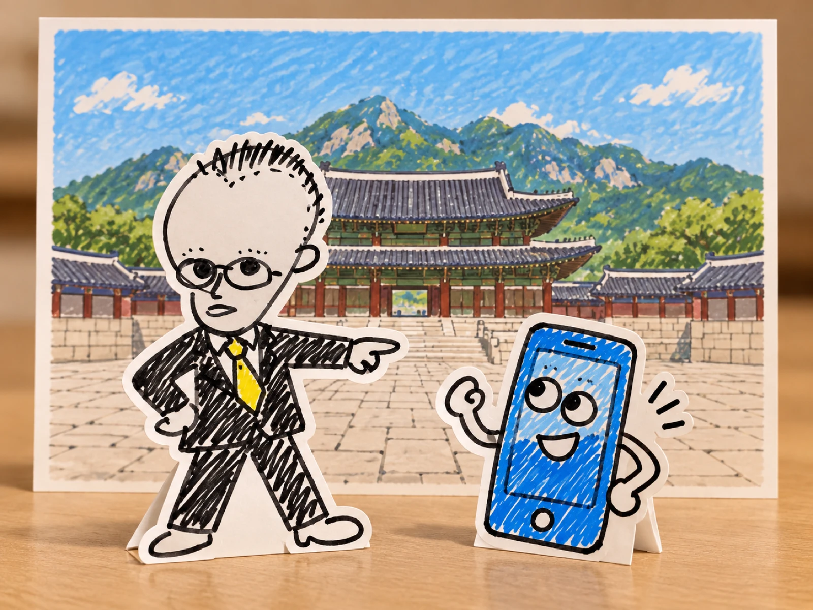 韓国・景福宮を背景に紙人形のメガネの男性が立つイラスト