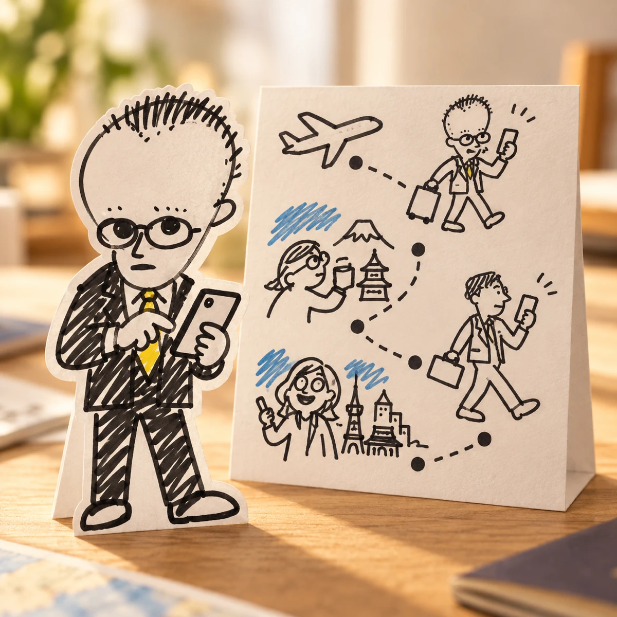紙人形のメガネの男性がスマートフォンでマイページを確認するイラスト