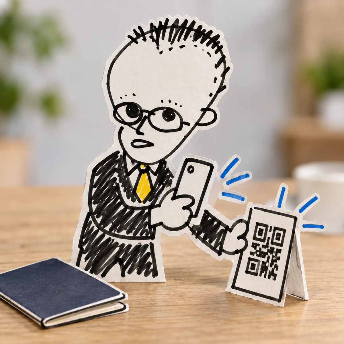 紙人形のメガネの男性がパスポートを出さずQRコードを読み取るイラスト