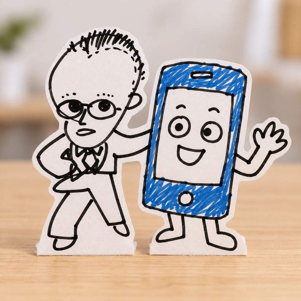 紙人形のメガネの男性と青いAIレスキューのキャラクターが並ぶイラスト